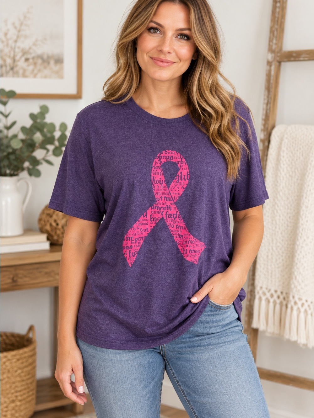 Gildan Womens Purple Graphic T Shirt Pink Ribbon Breast Cancer Size L